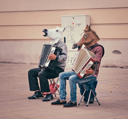 People with horse heads playing accordions